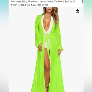 Women's Sexy Thin Mesh Long Sleeve Tie Front Swimsuit Swim Beach Maxi Cover Up